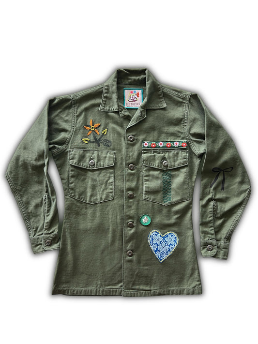 Vintage Military Shirt - Blue Heart Owls