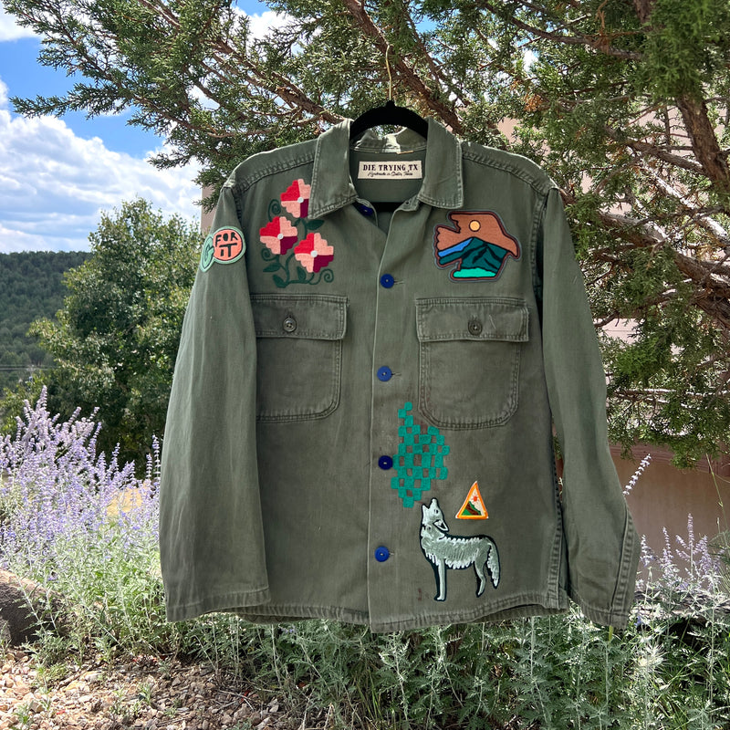 Vintage Military Shirt - Green Skull & Butterflies